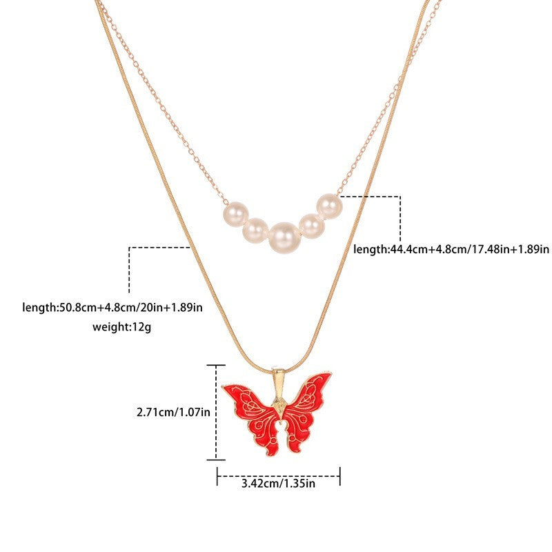 Colorful Butterfly  Princess Same Necklace Double Layer Pearl Necklace Colorful Butterfly Neck Chain